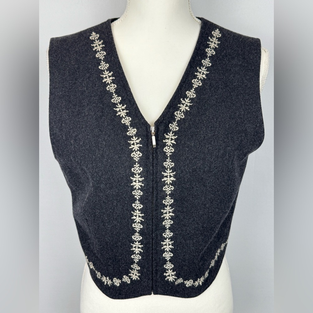 Vintage Gap Boiled Wool Vest Embroidery Full Zip Charcoal Grey Nordic Medium - Picture 2 of 9